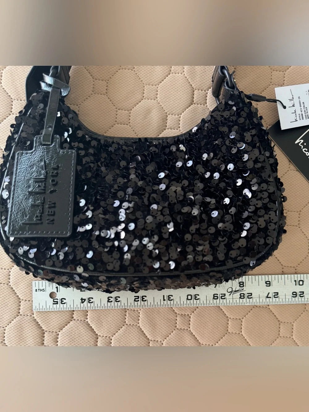 Nicole Miller NWT sequin &
Patent leather evening bag. 
Adjustable strap - Picture 11 of 13